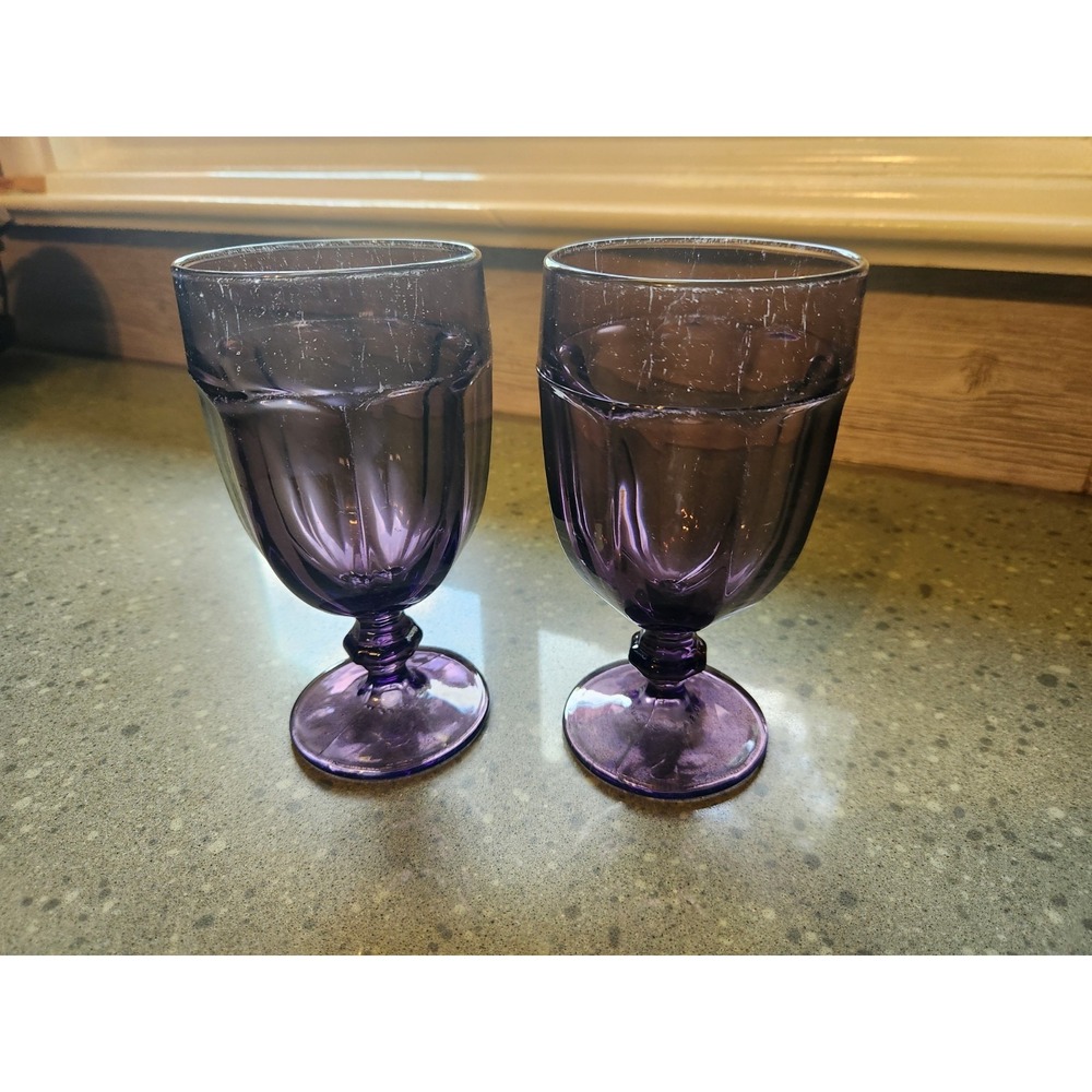 2 VTG Libbey Duratuff Gibraltar Amethyst Purple Water Glass 7" Goblets Gibraltar